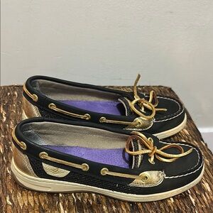Sperry Black and Gold Loafers with Moccasin Stitching